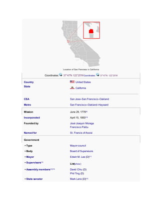 Location of San Francisco in California
Coordinates: 37°47′N 122°25′WCoordinates: 37°47′N 122°25′W
Country United States
State
California
CSA San Jose–San Francisco–Oakland
Metro San Francisco–Oakland–Hayward
Mission June 29, 1776[9]
Incorporated April 15, 1850[10]
Founded by José Joaquin Moraga
Francisco Palóu
Named for St. Francis of Assisi
Government
• Type Mayor-council
• Body Board of Supervisors
• Mayor Edwin M. Lee (D)[11]
• Supervisors[13]
List[show ]
• Assembly members[14][15]
David Chiu (D)
Phil Ting (D)
• State senator Mark Leno (D)[12]
 