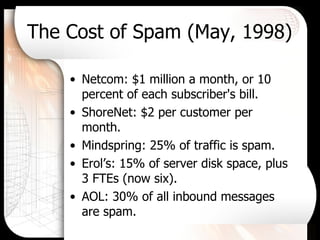 The Cost of Spam (May, 1998) Netcom: $1 million a month, or 10 percent of each subscriber's bill. ShoreNet: $2 per customer per month. Mindspring: 25% of traffic is spam. Erol’s: 15% of server disk space, plus 3 FTEs (now six). AOL: 30% of all inbound messages are spam. 