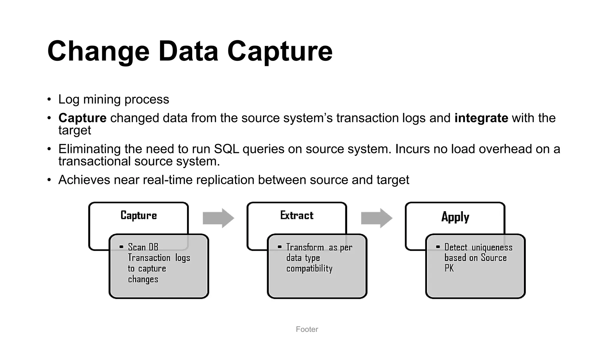 Change Data Capture
• Log mining process
• Capture changed data from the source system’s transaction logs and integrate with the
target
• Eliminating the need to run SQL queries on source system. Incurs no load overhead on a
transactional source system.
• Achieves near real-time replication between source and target
Footer
 