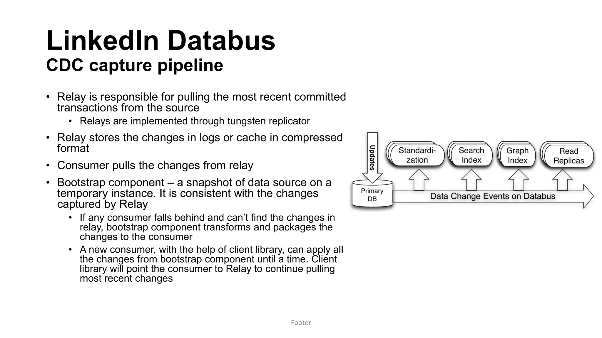 LinkedIn Databus
CDC capture pipeline
• Relay is responsible for pulling the most recent committed
transactions from the source
• Relays are implemented through tungsten replicator
• Relay stores the changes in logs or cache in compressed
format
• Consumer pulls the changes from relay
• Bootstrap component – a snapshot of data source on a
temporary instance. It is consistent with the changes
captured by Relay
• If any consumer falls behind and can’t find the changes in
relay, bootstrap component transforms and packages the
changes to the consumer
• A new consumer, with the help of client library, can apply all
the changes from bootstrap component until a time. Client
library will point the consumer to Relay to continue pulling
most recent changes
Footer
 