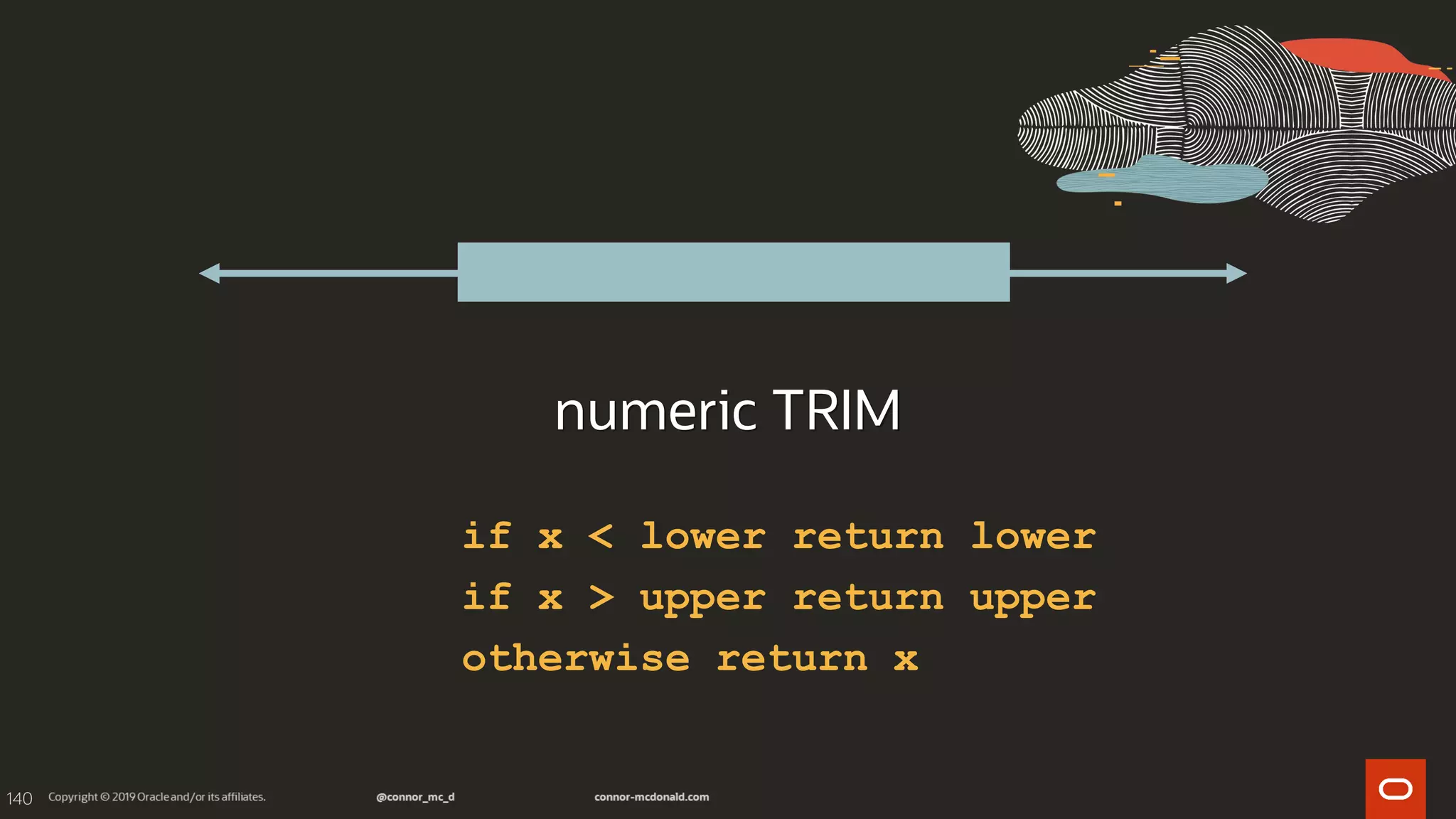140
numeric TRIM
if x < lower return lower
if x > upper return upper
otherwise return x
 