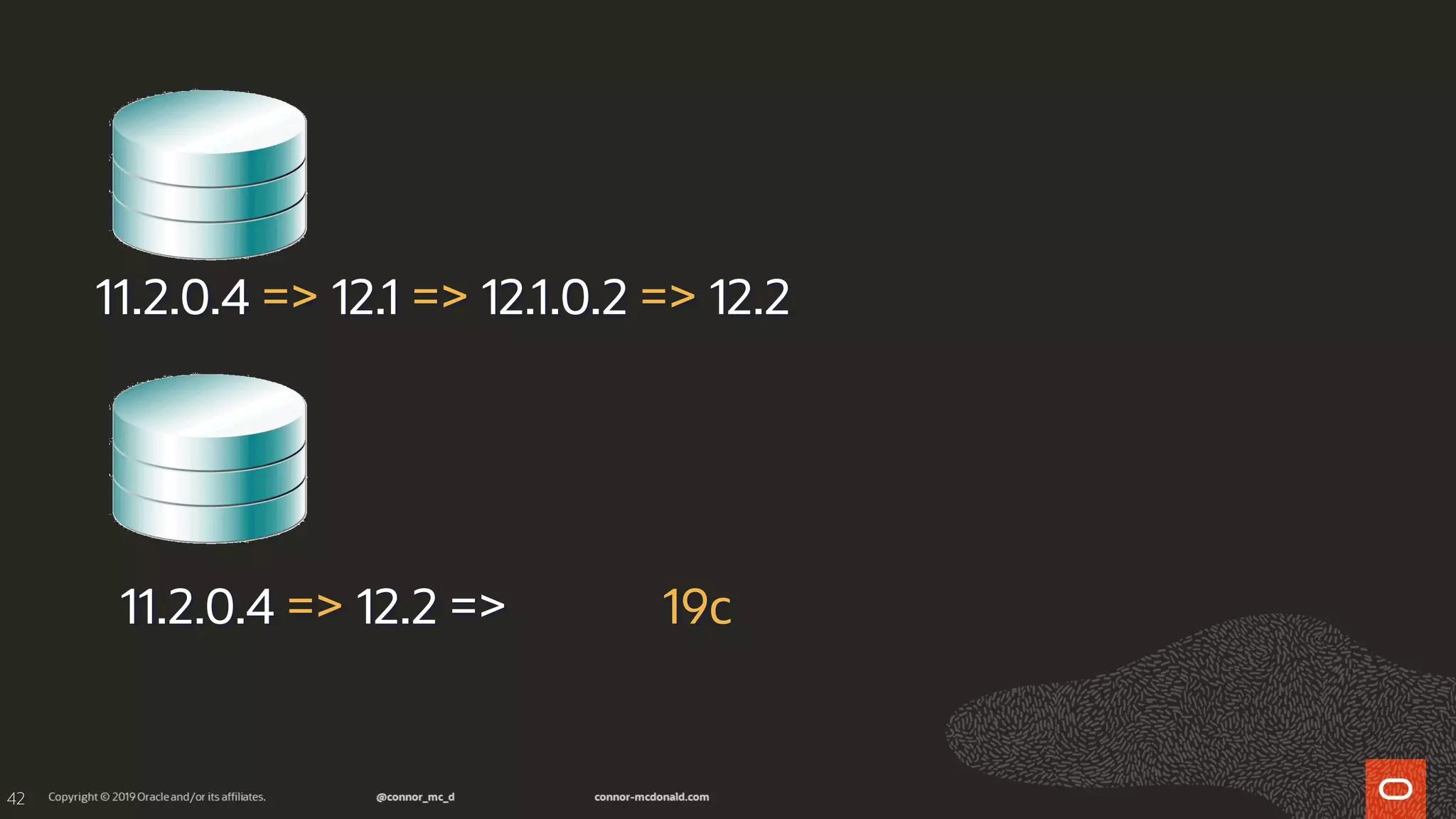 42
11.2.0.4 => 12.1 => 12.1.0.2 => 12.2
11.2.0.4 => 12.2 => 19c
 