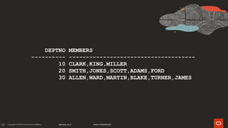 120
DEPTNO MEMBERS
---------- -------------------------------------
10 CLARK,KING,MILLER
20 SMITH,JONES,SCOTT,ADAMS,FORD
30 ALLEN,WARD,MARTIN,BLAKE,TURNER,JAMES
 