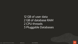 245
12 GB of user data
2 GB of database RAM
2 CPU threads
3 Pluggable Databases
 