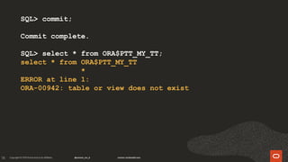 78
SQL> commit;
Commit complete.
SQL> select * from ORA$PTT_MY_TT;
select * from ORA$PTT_MY_TT
*
ERROR at line 1:
ORA-00942: table or view does not exist
 