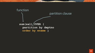 sum(sal) OVER (
partition by deptno
)
function
partition clause
order by ename
 