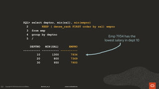 159
SQL> select deptno, min(sal), min(empno)
2 KEEP ( dense_rank FIRST order by sal) empno
3 from emp
4 group by deptno
5 /
DEPTNO MIN(SAL) EMPNO
---------- ---------- ----------
10 1300 7934
20 800 7369
30 950 7900
Emp 7934 has the
lowest salary in dept 10
 