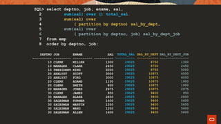 SQL> select deptno, job, ename, sal,
2 sum(sal) over () total_sal,
3 sum(sal) over
4 ( partition by deptno) sal_by_dept,
5 sum(sal) over
6 ( partition by deptno, job) sal_by_dept_job
7 from emp
8 order by deptno, job;
DEPTNO JOB ENAME SAL
---------- --------- ---------- ----------
10 CLERK MILLER 1300
10 MANAGER CLARK 2450
10 PRESIDENT KING 5000
20 ANALYST SCOTT 3000
20 ANALYST FORD 3000
20 CLERK ADAMS 1100
20 CLERK SMITH 800
20 MANAGER JONES 2975
30 CLERK JAMES 950
30 MANAGER BLAKE 2850
30 SALESMAN TURNER 1500
30 SALESMAN MARTIN 1250
30 SALESMAN WARD 1250
30 SALESMAN ALLEN 1600
TOTAL_SAL
----------
29025
29025
29025
29025
29025
29025
29025
29025
29025
29025
29025
29025
29025
29025
SAL_BY_DEPT
-----------
8750
8750
8750
10875
10875
10875
10875
10875
9400
9400
9400
9400
9400
9400
SAL_BY_DEPT_JOB
---------------
1300
2450
5000
6000
6000
1900
1900
2975
950
2850
5600
5600
5600
5600
 