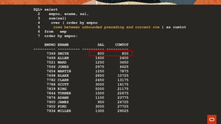 SQL> select
2 empno, ename, sal,
3 sum(sal)
4 over ( order by empno
5 rows between unbounded preceding and current row ) as cumtot
6 from emp
7 order by empno;
EMPNO ENAME SAL CUMTOT
---------- ---------- ---------- ----------
7369 SMITH 800 800
7499 ALLEN 1600 2400
7521 WARD 1250 3650
7566 JONES 2975 6625
7654 MARTIN 1250 7875
7698 BLAKE 2850 10725
7782 CLARK 2450 13175
7788 SCOTT 3000 16175
7839 KING 5000 21175
7844 TURNER 1500 22675
7876 ADAMS 1100 23775
7900 JAMES 950 24725
7902 FORD 3000 27725
7934 MILLER 1300 29025
 