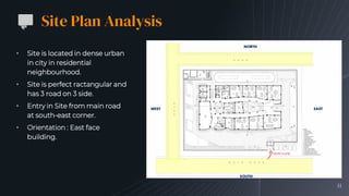 • Site is located in dense urban
in city in residential
neighbourhood.
• Site is perfect ractangular and
has 3 road on 3 side.
• Entry in Site from main road
at south-east corner.
• Orientation : East face
building.
Site Plan Analysis
11
 