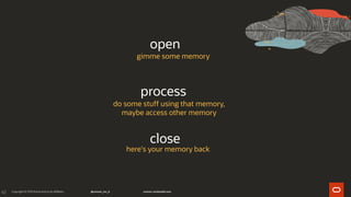 62
open
process
close
gimme some memory
do some stuff using that memory,
maybe access other memory
here's your memory back
 