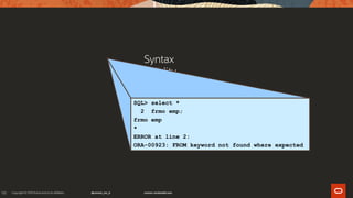 99
Syntax
Validity
Optimization
Rowsourcing
Execution
(Fetch)
SQL> select *
2 frmo emp;
frmo emp
*
ERROR at line 2:
ORA-00923: FROM keyword not found where expected
 