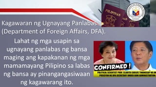 Kagawaran ng Ugnayang Panlabas
(Department of Foreign Affairs, DFA).
Lahat ng mga usapin sa
ugnayang panlabas ng bansa
maging ang kapakanan ng mga
mamamayang Pilipino sa labas
ng bansa ay pinangangasiwaan
ng kagawarang ito.
 