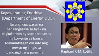Kagawaran ng Enerhiya
(Department of Energy, DOE).
Ito ang kagawaran na
nangangasiwa sa tiyak na
pagkakaroon ng sapat na tustos
ng koryente sa bansa.
Minamatyagan din nito ang
presyo ng langis sa
pandaigdigang pamilihan. Raphael P. M. Lotilla
 