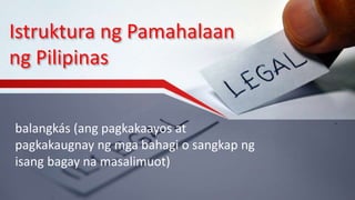 Istruktura ng Pamahalaan
ng Pilipinas
balangkás (ang pagkakaayos at
pagkakaugnay ng mga bahagi o sangkap ng
isang bagay na masalimuot)
 