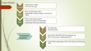Career Details
X & XII
• CBSE Board , Delhi.
• 93.1% & 73.6 resp.
UG
• B.Sc. (Life Science), 2021
• Deshbandhu College, Kalkaji, University of
Delhi.
PG
• M.Sc. (Life Science), 2023
• Central University of South Bihar.
• Dissertation from same university
1.
• IIT JAM 2022
• GATE-XL 2023
2.
• ICAR AICE JRF/SRF 2023 Overall Rank -66
• RET of University of Hyderabad 2023
3.
• CUET PhD Conducted by NTA in Life Science and Zoology
2023
Examination
Qualified
 