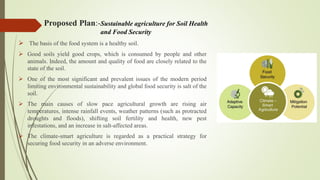 Proposed Plan:-Sustainable agriculture for Soil Health
and Food Security
 The basis of the food system is a healthy soil.
 Good soils yield good crops, which is consumed by people and other
animals. Indeed, the amount and quality of food are closely related to the
state of the soil.
 One of the most significant and prevalent issues of the modern period
limiting environmental sustainability and global food security is salt of the
soil.
 The main causes of slow pace agricultural growth are rising air
temperatures, intense rainfall events, weather patterns (such as protracted
droughts and floods), shifting soil fertility and health, new pest
infestations, and an increase in salt-affected areas.
 The climate-smart agriculture is regarded as a practical strategy for
securing food security in an adverse environment.
 