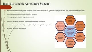 Ideal Sustainable Agriculture System
 A sustainable agricultural system, according to the American Society of Agronomy (1989) is one that, over an extended period of time:-
a. Satisfies the demand for food produced by humans,
b. Makes the best use of land and other resources,
c. Improves social and economic conditions for the local population,
d. Increases environmental quality through the adoption of agricultural practises,
e. Accepted politically and socially.
 