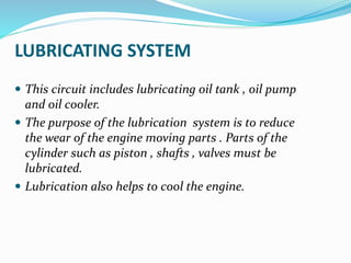 LUBRICATING SYSTEM
 This circuit includes lubricating oil tank , oil pump
and oil cooler.
 The purpose of the lubrication system is to reduce
the wear of the engine moving parts . Parts of the
cylinder such as piston , shafts , valves must be
lubricated.
 Lubrication also helps to cool the engine.
 