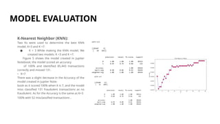 MODEL EVALUATION
K-Nearest Neighbor (KNN):
Two Ks were used to determine the best KNN
model, K=3 and K =7.
● K = 3 While making the KNN model, We
created two models: K =3 and K =7.
Figure 5 shows the model created in Jupiter
Notebook; the model scored an accuracy
of 100% and identified 85,443 transactions
correctly and missed 131.
• K=7
There was a slight decrease in the Accuracy of the
model created in Jupiter Note-
book as it scored 100% when K is 7, and the model
miss classified 131 fraudulent transactions as no
fraudulent. As for the Accuracy is the same as K=3
100% with 52 misclassified transactions .
 