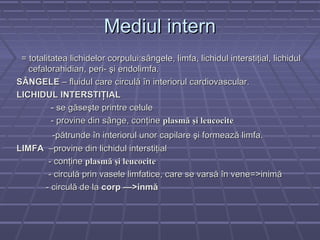 Mediul intern
 = totalitatea lichidelor corpului:sângele, limfa, lichidul interstiţial, lichidul
   cefalorahidian, peri- şi endolimfa.
SÂNGELE – fluidul care circulă în interiorul cardiovascular.
LICHIDUL INTERSTIŢIAL
          - se găseşte printre celule
          - provine din sânge, conţine plasmă şi leucocite
       -pătrunde în interiorul unor capilare şi formează limfa.
LIMFA –provine din lichidul interstiţial
      - conţine plasmă şi leucocite
      - circulă prin vasele limfatice, care se varsă în vene=>inimă
     - circulă de la corp —>inmă
 