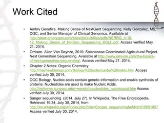 Work Cited
• Ambry Genetics. Making Sense of NextGent Sequencing. Kelly Gonzalez, MS,
CGC, and Senior Manager of Clinical Genomics. Available at
http://www.ambrygen.com/sites/default/files/pdfs/NERRG_4-10-
12_Making_Sense_of_NetGen_Sequencing_KG(3).pdf. Access verified May
21, 2014.
• Omixon. Allen Van Deynze, 2010; Solanaceae Coordinated Agricultural Project.
Next Generation Sequencing. Available at http://www.omixon.com/the-basics-
of-next-generation-sequencing/. Access verified May 21, 2014.
• Chapter 2 Notes: Organic Chemistry.
http://mayhewbiology.com/Biology%20notes/carbo%20notes.htm Access
verified July 30, 2014.
• OCC Biology. Nucleic acids contain genetic information and enable synthesis of
proteins. Nucleotides are used to make Nucleic Acids.
http://myhome.sunyocc.edu/~weiskirl/nucleotides_nucleicacid.htm Access
verified July 30, 2014.
• Sanger sequencing. (2014, July 27). In Wikipedia, The Free Encyclopedia.
Retrieved 19:34, July 30, 2014, from
http://en.wikipedia.org/w/index.php?title=Sanger_sequencing&oldid=618681657
Access verified July 30, 2014.
 