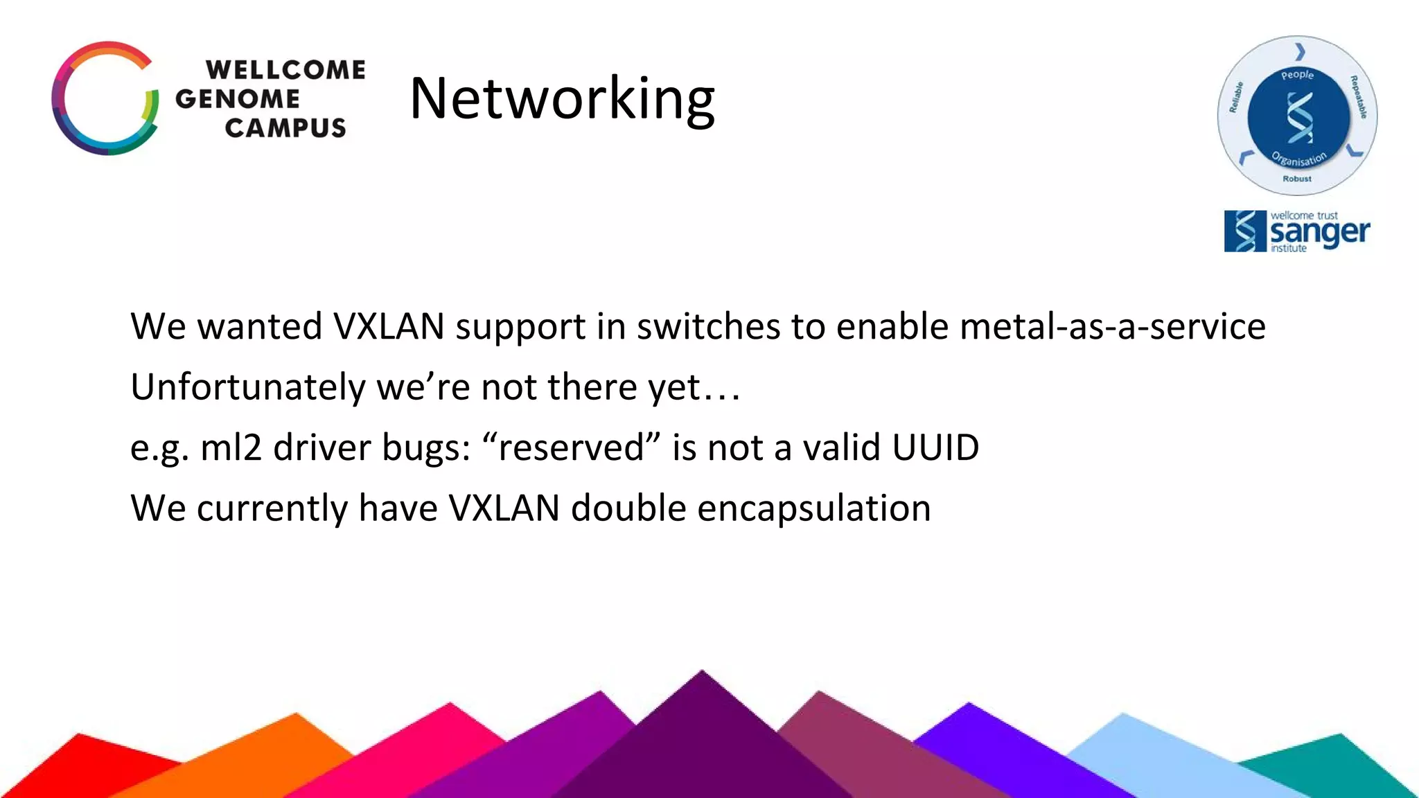 Networking
We wanted VXLAN support in switches to enable metal-as-a-service
Unfortunately we’re not there yet…
e.g. ml2 driver bugs: “reserved” is not a valid UUID
We currently have VXLAN double encapsulation
 