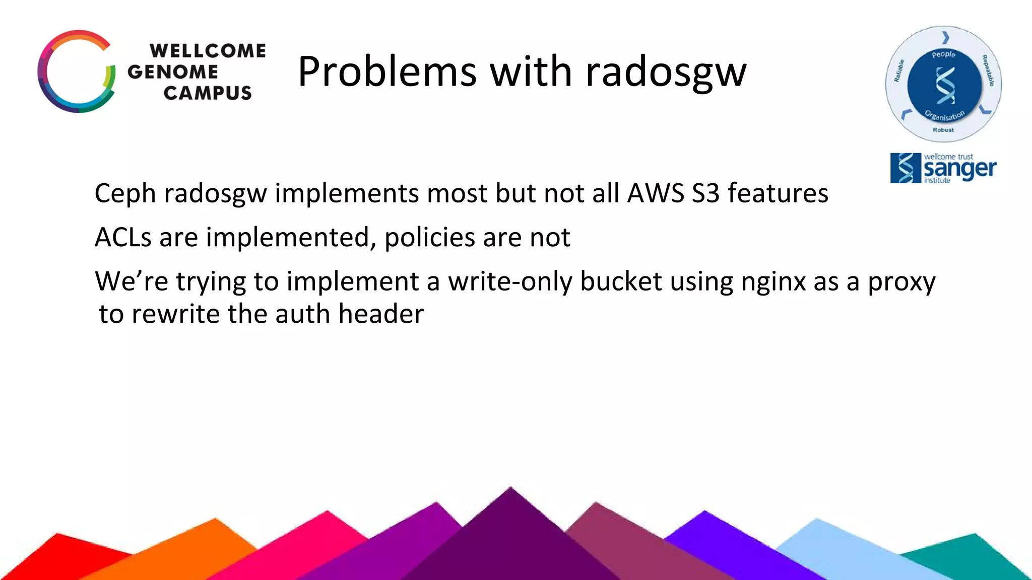 Problems with radosgw
Ceph radosgw implements most but not all AWS S3 features
ACLs are implemented, policies are not
We’re trying to implement a write-only bucket using nginx as a proxy
to rewrite the auth header
 