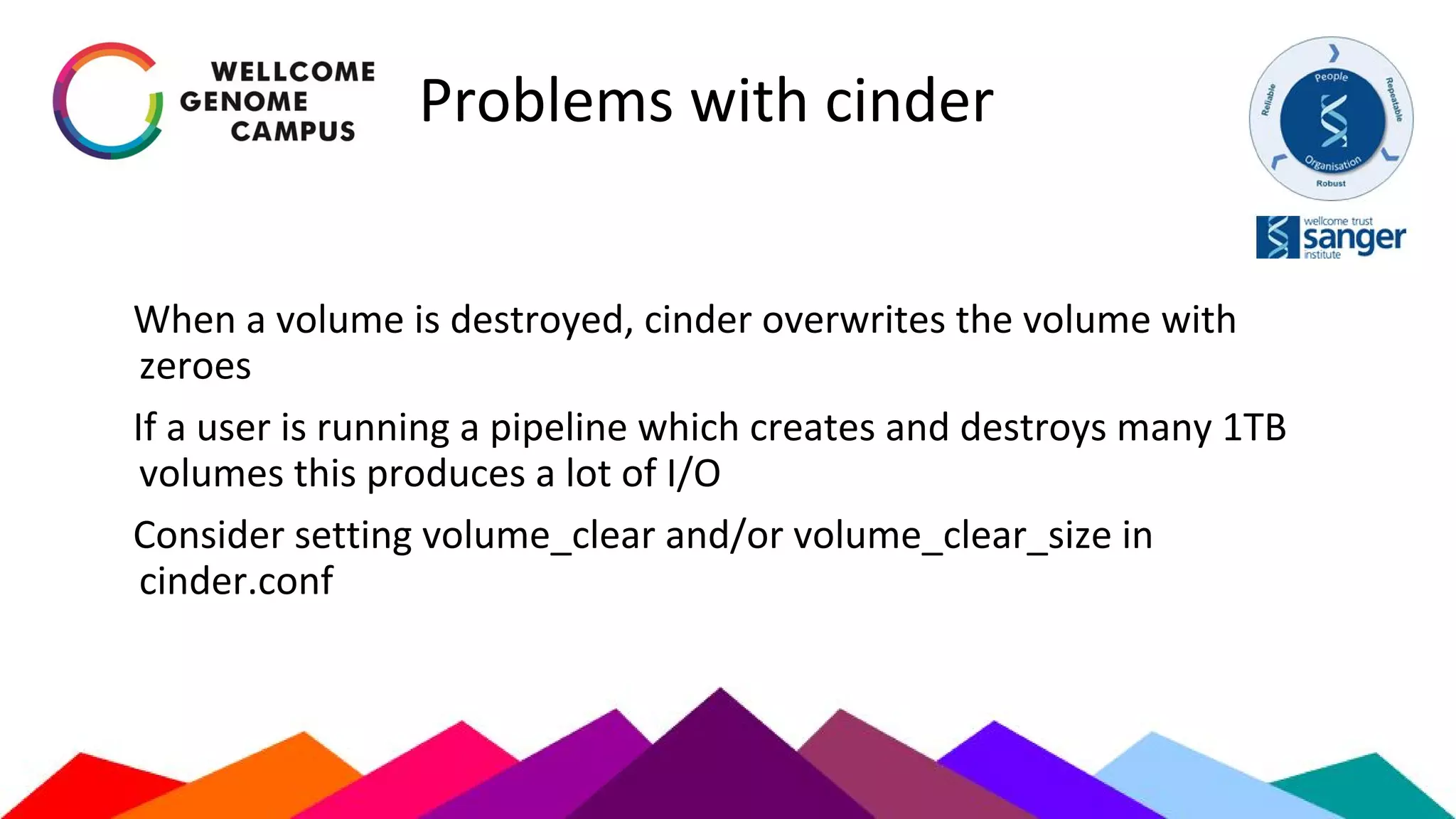 Problems with cinder
When a volume is destroyed, cinder overwrites the volume with
zeroes
If a user is running a pipeline which creates and destroys many 1TB
volumes this produces a lot of I/O
Consider setting volume_clear and/or volume_clear_size in
cinder.conf
 