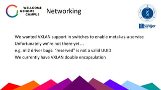 Networking
We wanted VXLAN support in switches to enable metal-as-a-service
Unfortunately we’re not there yet…
e.g. ml2 driver bugs: “reserved” is not a valid UUID
We currently have VXLAN double encapsulation
 