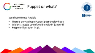 Puppet or what?
We chose to use Ansible
• There’s only a single Puppet post-deploy hook
• Wider strategic use of Ansible within Sanger IT
• Keep configuration in git
 