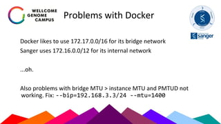 Problems with Docker
Docker likes to use 172.17.0.0/16 for its bridge network
Sanger uses 172.16.0.0/12 for its internal network
...oh.
Also problems with bridge MTU > instance MTU and PMTUD not
working. Fix: --bip=192.168.3.3/24 --mtu=1400
 