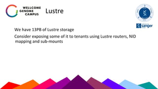 Lustre
We have 13PB of Lustre storage
Consider exposing some of it to tenants using Lustre routers, NID
mapping and sub-mounts
 