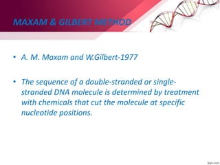 MAXAM & GILBERT METHOD
• A. M. Maxam and W.Gilbert-1977
• The sequence of a double-stranded or single-
stranded DNA molecule is determined by treatment
with chemicals that cut the molecule at specific
nucleotide positions.
 