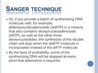 SANGER TECHNIQUE
 So, if you provide a batch of synthesizing DNA
molecule with, for example,
dideoxynucleoadenoside (ddATP) in a mixture
that also contains deoxynucleoadenoside
(dATP), as well as the other three
deoxynucleotides, the synthesize of the double
chain will stop when the ddATP molecule is
incorporated instead of the dATP molecule.
 By the laws of probability, some of the
synthesizing DNA will be stopped at every
point that adenosine is required.
 