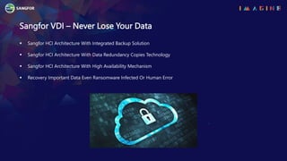 Sangfor VDI – Never Lose Your Data
 Sangfor HCI Architecture With Integrated Backup Solution
 Sangfor HCI Architecture With Data Redundancy Copies Technology
 Sangfor HCI Architecture With High Availability Mechanism
 Recovery Important Data Even Ransomware Infected Or Human Error
 