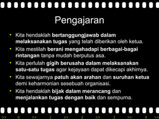 >> 0 >> 1 >> 2 >> 3 >> 4 >>
Pengajaran
• Kita hendaklah bertanggungjawab dalam
melaksanakan tugas yang telah diberikan oleh ketua.
• Kita mestilah berani mengahadapi berbagai-bagai
rintangan tanpa mudah berputus asa.
• Kita perlulah gigih berusaha dalam melaksanakan
satu-satu tugas agar kejayaan dapat dikecapi akhirnya.
• Kita sewajarnya patuh akan arahan dan suruhan ketua
demi keharmonian sesebuah organisasi.
• Kita hendaklah bijak dalam merancang dan
menjalankan tugas dengan baik dan sempurna.
 