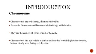 Chromosome
 Chromosomes are rod-shaped, filamentous bodies.
 Present in the nucleus and become visible during cell division.
 They are the carriers of genes or unit of heredity.
 Chromosomes are not visible in active nucleus due to their high water content,
but are clearly seen during cell division.
 