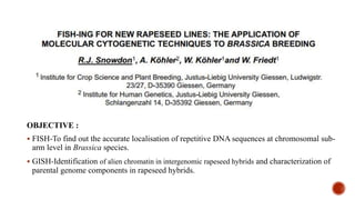 OBJECTIVE :
 FISH-To find out the accurate localisation of repetitive DNA sequences at chromosomal sub-
arm level in Brassica species.
 GISH-Identification of alien chromatin in intergenomic rapeseed hybrids and characterization of
parental genome components in rapeseed hybrids.
 