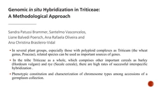  In several plant groups, especially those with polyploid complexes as Triticum (the wheat
genus, Poaceae), related species can be used as important sources of genes.
 In the tribe Triticeae as a whole, which comprises other important cereals as barley
(Hordeum vulgare) and rye (Secale cereale), there are high rates of successful interspecific
hybridization .
 Phenotypic constitution and characterization of chromosome types among accessions of a
germplasm collection.
 