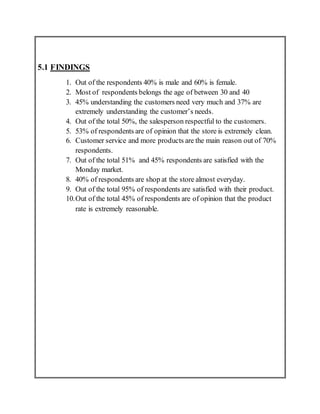 5.1 FINDINGS
1. Out of the respondents 40% is male and 60% is female.
2. Most of respondents belongs the age of between 30 and 40
3. 45% understanding the customers need very much and 37% are
extremely understanding the customer’s needs.
4. Out of the total 50%, the salesperson respectful to the customers.
5. 53% of respondents are of opinion that the store is extremely clean.
6. Customer service and more products are the main reason out of 70%
respondents.
7. Out of the total 51% and 45% respondents are satisfied with the
Monday market.
8. 40% of respondents are shop at the store almost everyday.
9. Out of the total 95% of respondents are satisfied with their product.
10.Out of the total 45% of respondents are of opinion that the product
rate is extremely reasonable.
 