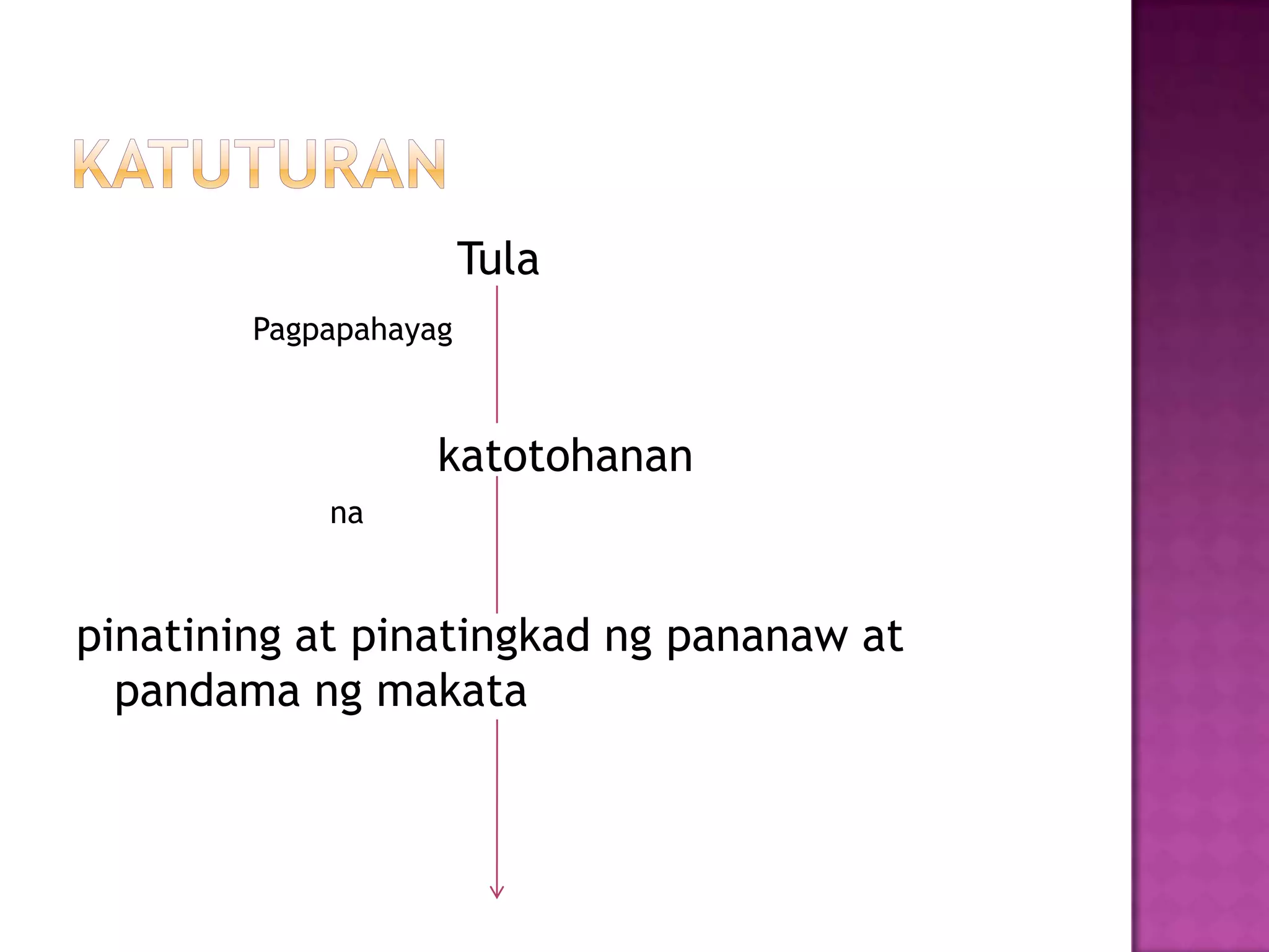 Tula
Pagpapahayag
katotohanan
na
pinatining at pinatingkad ng pananaw at
pandama ng makata
 