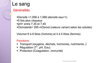 Le sang
Généralités
Densité =1,056 à 1,066 (densité eau=1)
5 fois plus visqueux
pH= entre 7,35 et 7,45
Osmolarité= 295 mOsmol (valeurs variant selon les solutés)
Volume=5 à 6 litres (homme) et 4 à 5 litres (femme)
Fonctions:
 Transport (oxygène, déchets, hormones, nutriments..)
 Régulation (T°, pH, Eau)
 Protection (Coagulation, immunité)
Franck Rencurel 2020
 