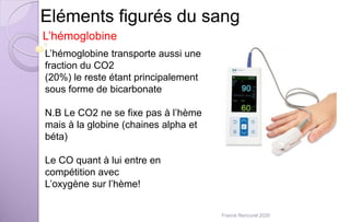 Eléments figurés du sang
L’hémoglobine
L’hémoglobine transporte aussi une
fraction du CO2
(20%) le reste étant principalement
sous forme de bicarbonate
N.B Le CO2 ne se fixe pas à l’hème
mais à la globine (chaines alpha et
béta)
Le CO quant à lui entre en
compétition avec
L’oxygène sur l’hème!
Franck Rencurel 2020
 