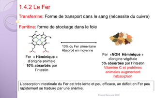 Transferrine: Forme de transport dans le sang (nécessite du cuivre)
Ferritine: forme de stockage dans le foie
Fer « Héminique »
d’origine animale
10% absorbés par
l’intestin
Fer «NON Héminique »
d’origine végétale
5% absorbés par l’intestin
Vitamine C et protéines
animales augmentent
l’absorption
10% du Fer alimentaire
Absorbé en moyenne
1.4.2 Le Fer
L’absorption intestinale du Fer est très lente et peu efficace, un déficit en Fer peu
rapidement se traduire par une anémie.
Franck Rencurel 2020
 
