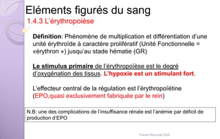 Définition: Phénomène de multiplication et différentiation d’une
unité érythroïde à caractère prolifératif (Unité Fonctionnelle =
«érythron ») jusqu’au stade hématie (GR)
Le stimulus primaire de l’érythropoïèse est le degré
d’oxygénation des tissus. L’hypoxie est un stimulant fort.
L’effecteur central de la régulation est l’érythropoïétine
(EPO,quasi exclusivement fabriquée par le rein)
Eléments figurés du sang
1.4.3 L’érythropoièse
N.B: une des complications de l’insuffisance rénale est l’anémie par déficit de
production d’EPO
Franck Rencurel 2020
 