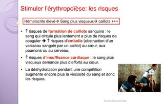 Stimuler l’érythropoïèse: les risques
Hématocrite élevé Sang plus visqueux caillots +++
Franck Rencurel 2020
 
