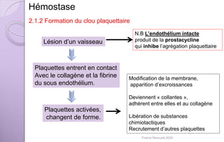 Franck Rencurel 2020
Hémostase
2.1.2 Formation du clou plaquettaire
Lésion d’un vaisseau
Plaquettes entrent en contact
Avec le collagène et la fibrine
du sous endothélium.
Plaquettes activées,
changent de forme.
Modification de la membrane,
apparition d’excroissances
Deviennent « collantes »,
adhèrent entre elles et au collagène
Libération de substances
chimiotactiques
Recrutement d’autres plaquettes
N.B L’endothélium intacte
produit de la prostacycline
qui inhibe l’agrégation plaquettaire
 
