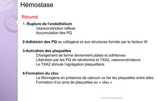 Hémostase
Résumé
1- Rupture de l’endothélium
Vasoconstriction reflexe
Accumulation des PQ
2-Adhésion des PQ au collagène et aux structures formés par le facteur W
3-Activation des plaquettes
Changement de forme deviennent plates et adhésives
Libération par les PQ de sérotonine et TXA2, vasoconstricteurs
Le TXA2 stimule l’agrégation plaquettaire
4-Formation du clou
Le fibrinogène en présence de calcium va lier les plaquettes entre elles
Formation d’un ama de plaquettes ou « clou »
Franck Rencurel 2020
 