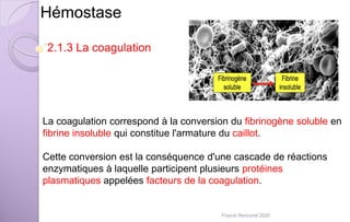 Hémostase
La coagulation correspond à la conversion du fibrinogène soluble en
fibrine insoluble qui constitue l'armature du caillot.
Cette conversion est la conséquence d'une cascade de réactions
enzymatiques à laquelle participent plusieurs protéines
plasmatiques appelées facteurs de la coagulation.
2.1.3 La coagulation
Franck Rencurel 2020
 